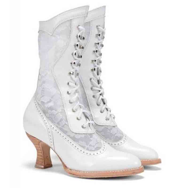 Lace stitched lace up pointed middle heel women's Boots