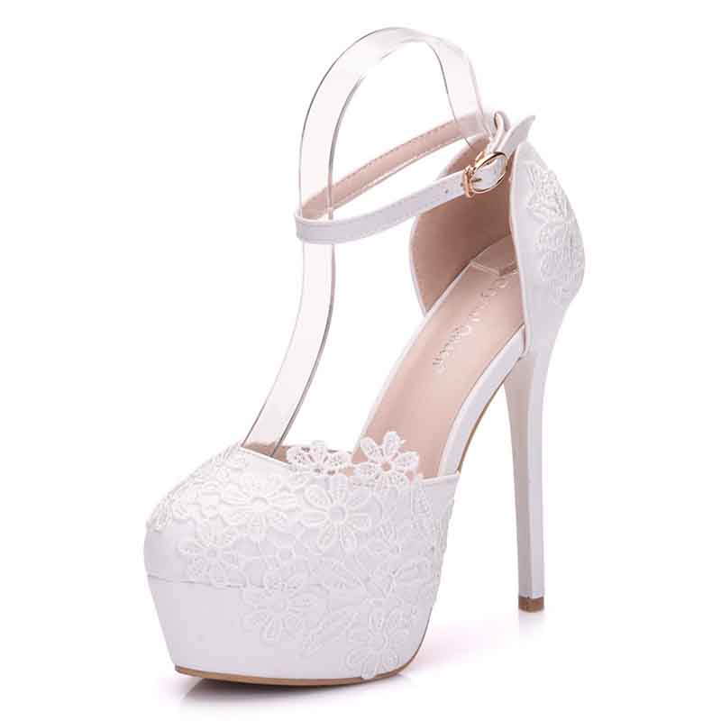 Women's Strappy White Wedge Wedding Pumps Lace Bridal Shoes – SD ...