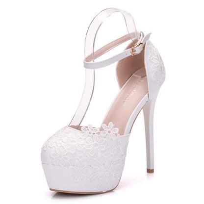 Women's Strappy White Wedding Pumps Lace Bridal Shoes