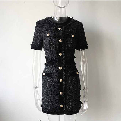 Women Slim Fit Colorblock Patchwork Dress Golden Buttons Mini Formal Dresses