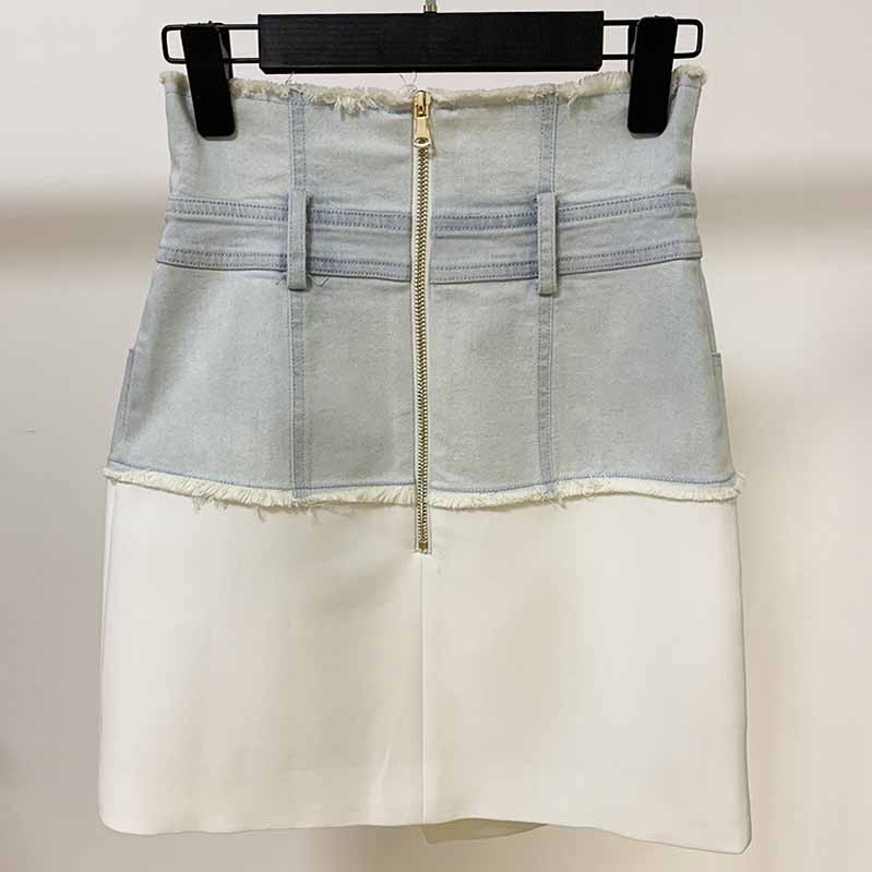 Hight Waisted Jean Skirt Blue and White Short Irregular Denim Skirt