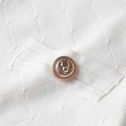 Women White Button-up Knitted Minidress V Neck Long Sleeves ribbed-knit Dress