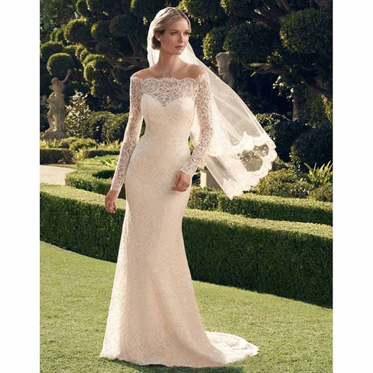 Sheath/Column Lace Off-the-Shoulder Long Sleeves Court Train Wedding Dresses