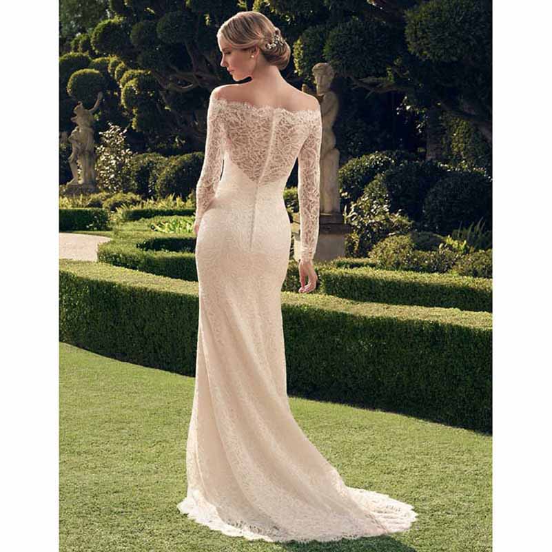 Sheath/Column Lace Off-the-Shoulder Long Sleeves Court Train Wedding Dresses