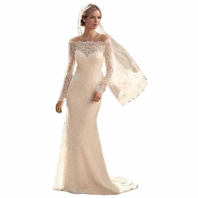 Sheath/Column Lace Off-the-Shoulder Long Sleeves Court Train Wedding Dresses