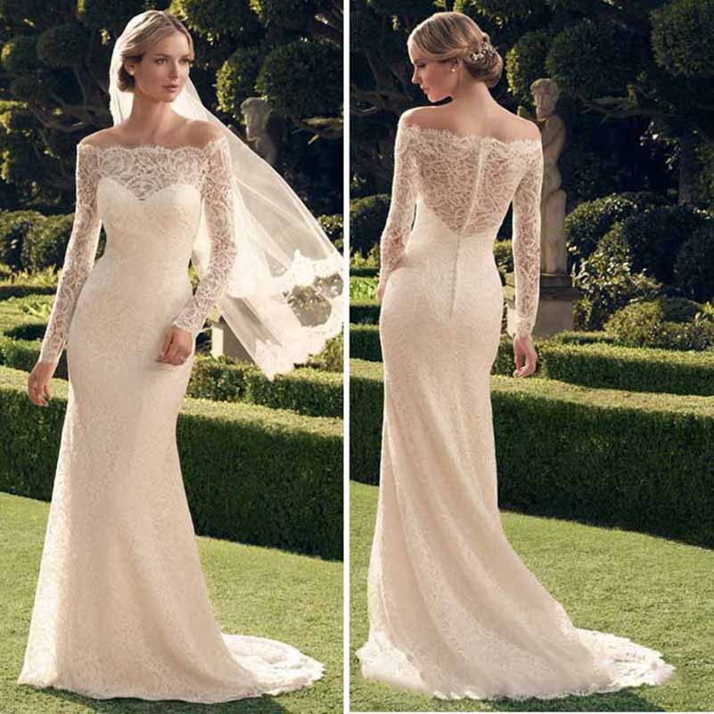 Sheath/Column Lace Off-the-Shoulder Long Sleeves Court Train Wedding Dresses