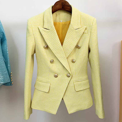 Women's Fitted Gold Lion Buttons Fitted Jacket Yellow Houndstooth Check Blazer