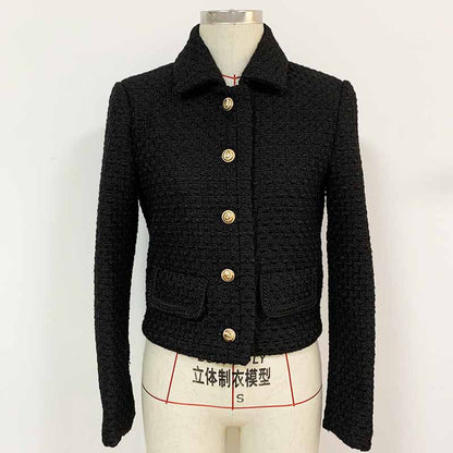 Womens Black Tweed Wool Coat Short Stand Collar Blazer Jacket