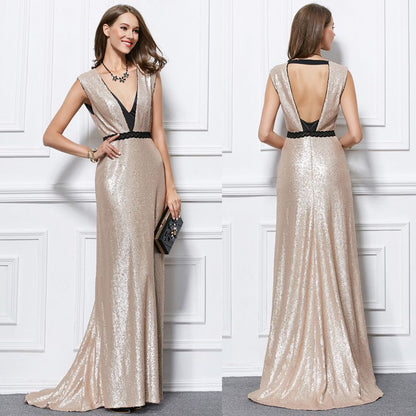 sd-hk Deep V Neck Gold Fishtail Evening Dress Sexy Banquet Dress