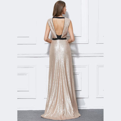 sd-hk Deep V Neck Gold Fishtail Evening Dress Sexy Banquet Dress