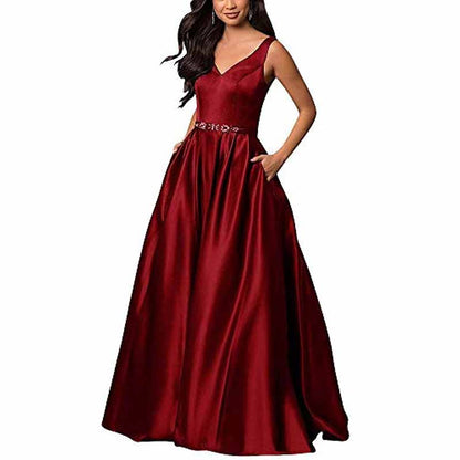Women's Satin Bridesmaid Dress With Pocket Long Formal Evening Party Maxi Dress