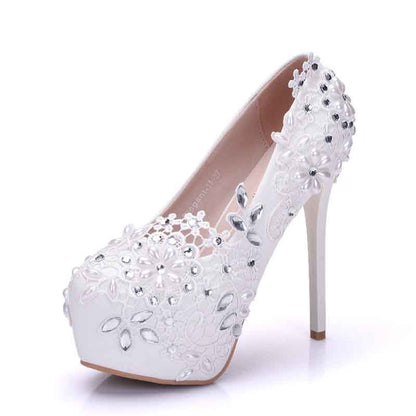 Women Round Toe Lace Wedding Heels Platform Bridal Pump