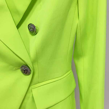 Women's Fitted Silver Lion Buttons Fitted Jacket Blazer Neon Yellow