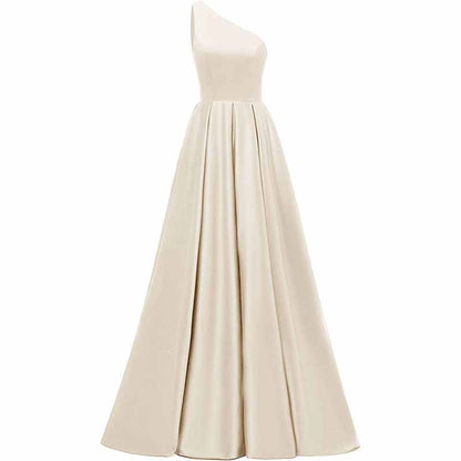 Women's One Shoulder Prom Dress Long Satin Formal Evening Ball Wedding Gowns