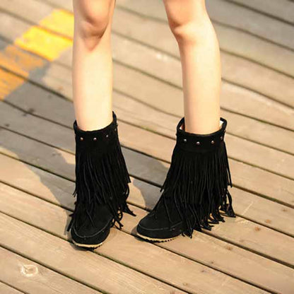 Women's Tassel Bootie Fringe Hidden Wedge Heel Ankle Boots