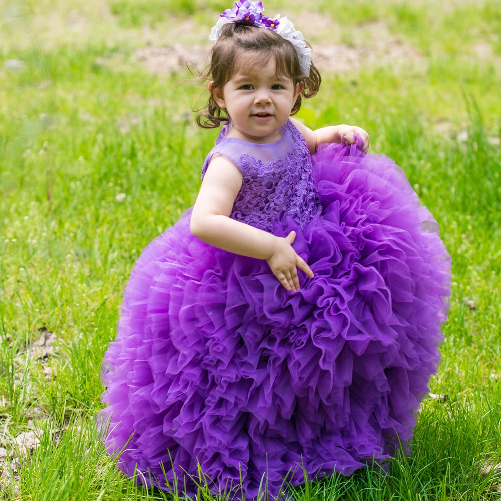 Litle Girl Tutu Dress Purple Lace Ruffle Gown