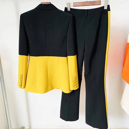 Women's Black Yellow Two Piece Pantsuit + Flare Bottoms Two Piece Pantsuit Set