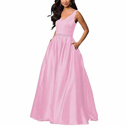 Women's Satin Bridesmaid Dress With Pocket Long Formal Evening Party Maxi Dress