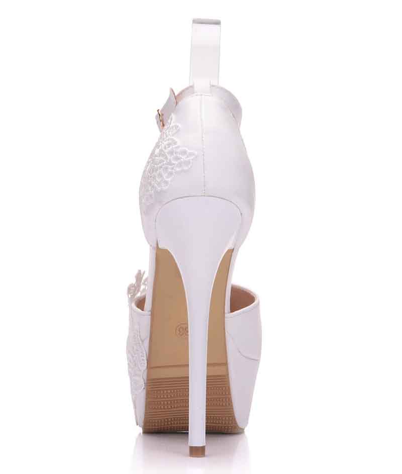 Women's Strappy White Wedding Pumps Lace Bridal Shoes