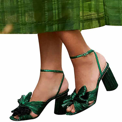 Elegant green bridal bow knot heeled sandals with a stylish design and comfortable block heels