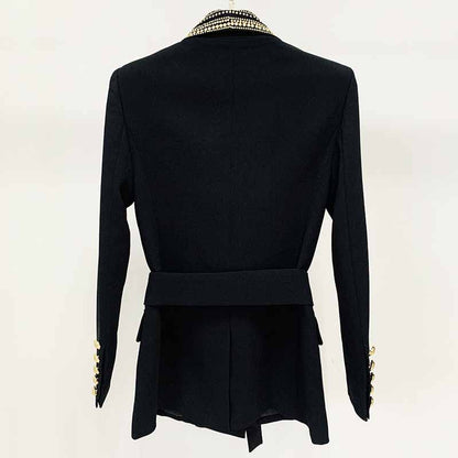 Womens Black Metal Coat Double Breasted Lion Button Blazer with Belt Outwear