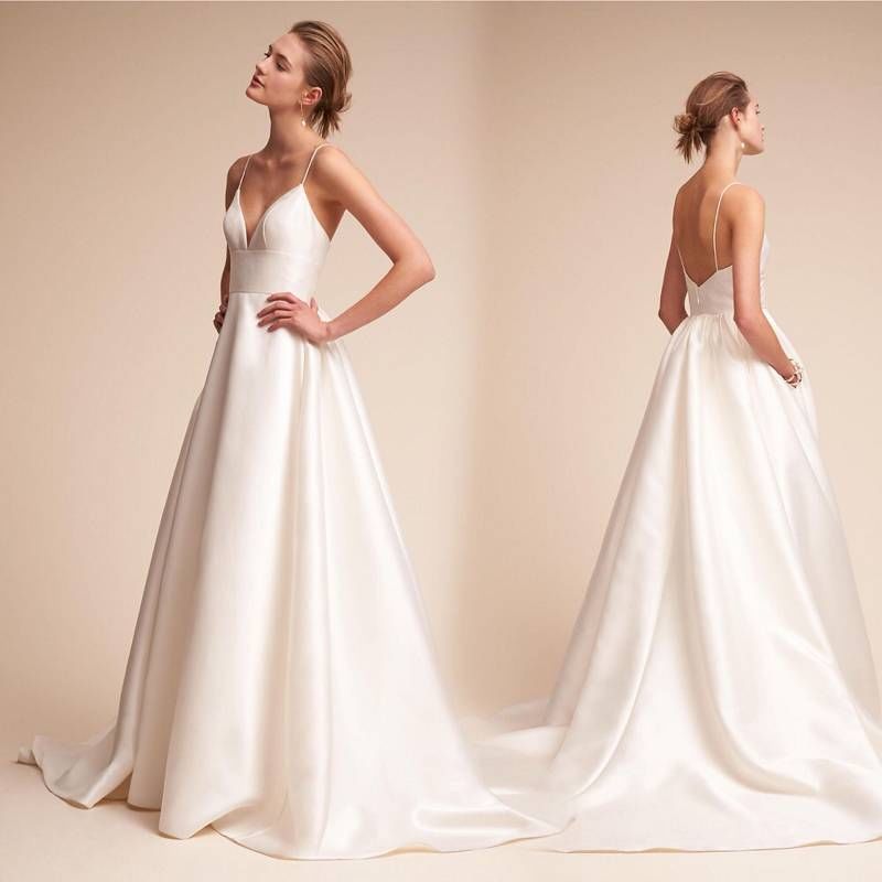 sd-hk White Slip Wedding Dress V Neck Floor-length Wedding Dress