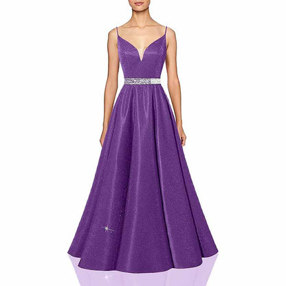 Women Prom Dress Long V-Neck Spaghetti Beaded Belt Formal Evening Ball Gowns