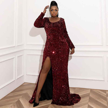 Women Plus Size Wine Red Prom Mermaid Gowns High Split Sequin Prom