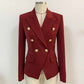Womens Wine Red Jacket Coat Metal Lion Button Double Breasted Slim Blazer