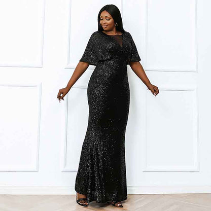 Women's Plus Size Shinny Sequin Black Evening Dress Sleeve Prom Gown