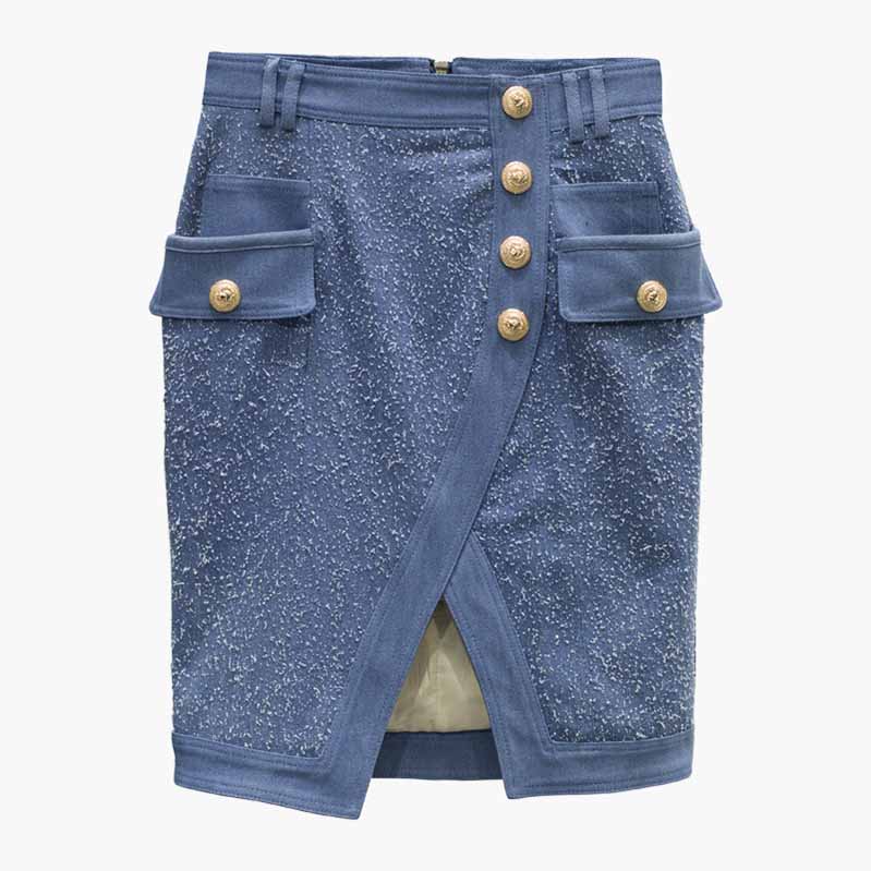 Women Blue Jean Skirt Lion Button Split Irregular Denim Skirt