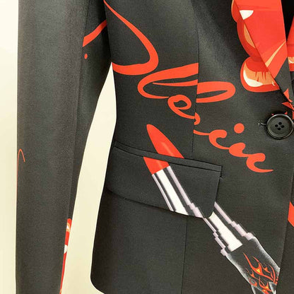 Womens Black Printing Blazer + Flare Trousers Suit Two Piece Formal Pantsuits