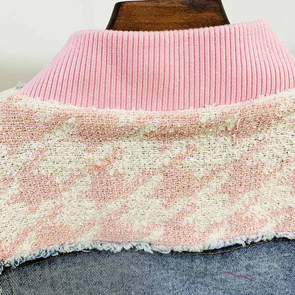 Women Luxury Denim Pink Houndstooth Tweed Jacket Coat Top + Mini Skirt 2 Piece Suit