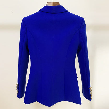 Women's Fitted Gold Lion Buttons Fitted Jacket Royal Blue Blazer
