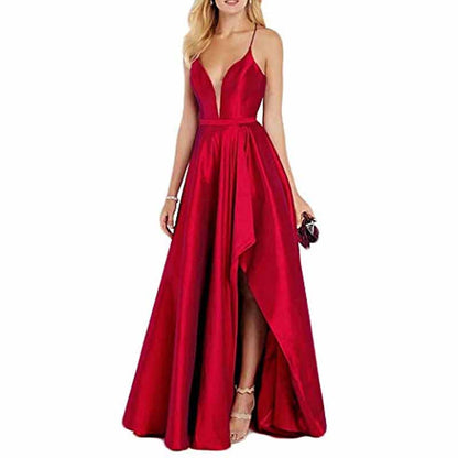 Women's Sexy Satin Deep V Neck Backless Hi Lo Prom Party Evening Dress