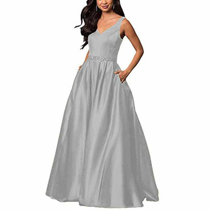 Women's Satin Bridesmaid Dress With Pocket Long Formal Evening Party Maxi Dress