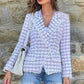 Women's Purple & White Tweed Houndstooth Luxury Fitted Double Breasted Blazer with Lion Buttons