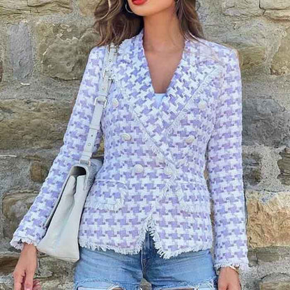 Women's Purple & White Tweed Houndstooth Luxury Fitted Double Breasted Blazer with Lion Buttons