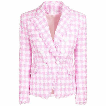 Women's Purple & White Tweed Houndstooth Luxury Fitted Double Breasted Blazer with Lion Buttons