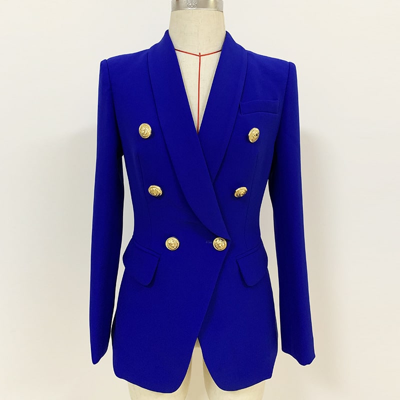 Women's Fitted Gold Lion Buttons Fitted Jacket Royal Blue Blazer