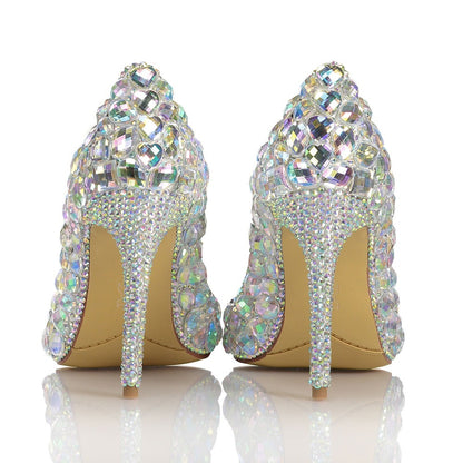 Tucomosi Women Wedding Shoes Point Toe Stiletto With Rhinestone