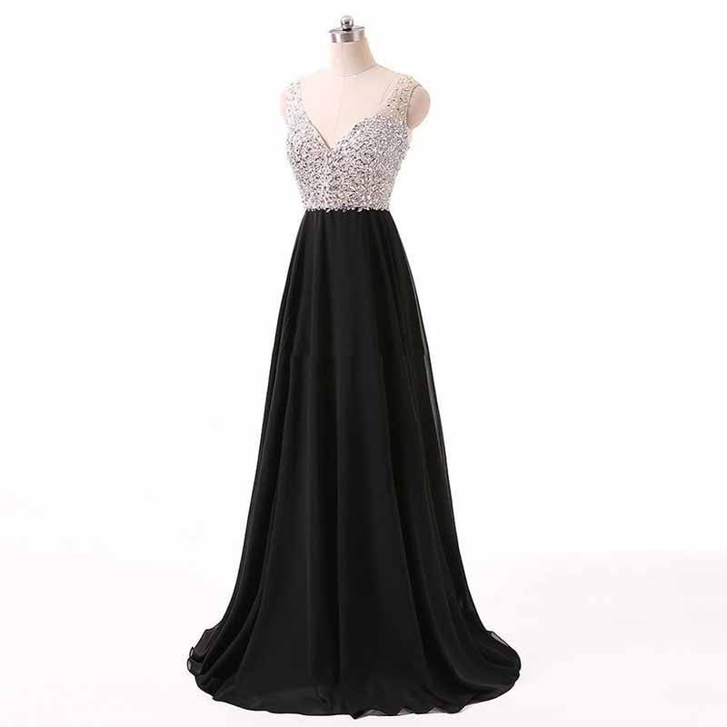 Black Prom Dress Long Beaded Formal Evening Gowns Sleeveless Wedding Dress