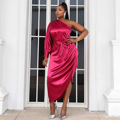 Women's Plus Size Sexy One Shoulder Satin Rosy Midi Cocktail Dress