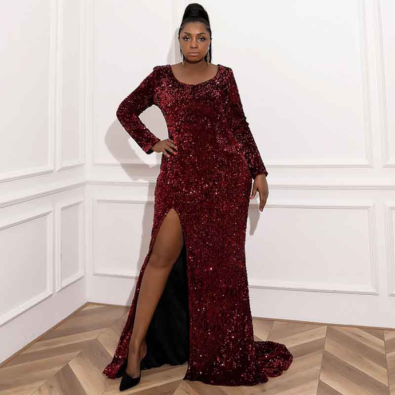 Women Plus Size Wine Red Prom Mermaid Gowns High Split Sequin Prom – SD ...