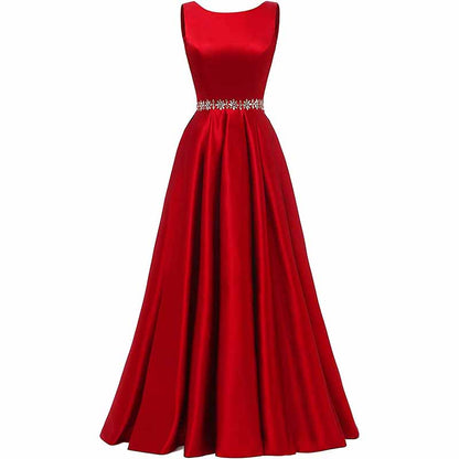 Women Long Prom Dress Satin A-Line with Beaded Belt Formal Evening Gown