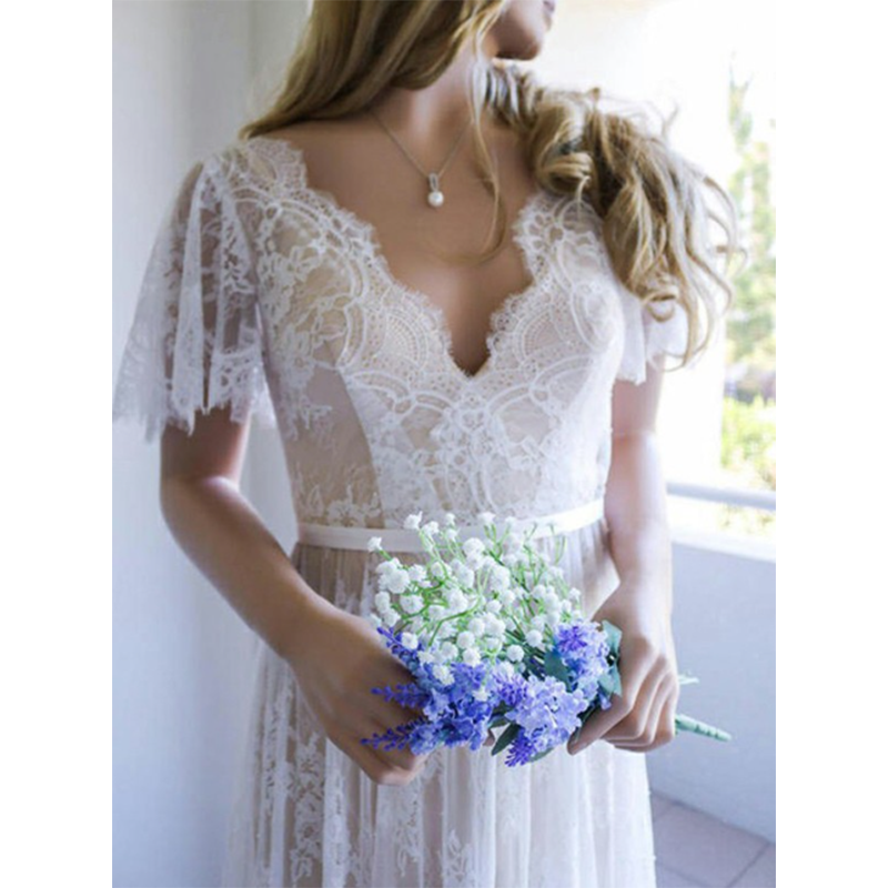 A-Line/Princess Lace Sash/Ribbon V-neck Short Sleeves Sweep/Brush Train Wedding Dresses