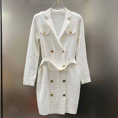 Women's long sleeve knitted minidress V-neck elegant dress with belt