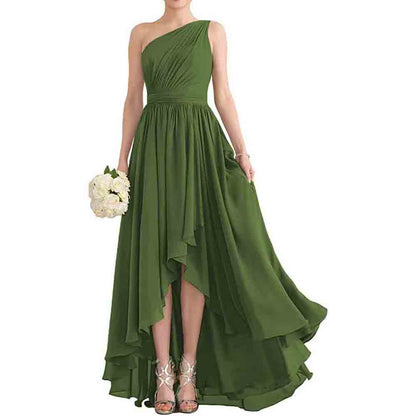 Women's One Shoulder Bridesmaid Dresses High Low Chiffon Evening Formal Gown with Pockets