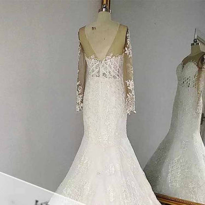 Trumpet/Mermaid Long Sleeves Sweetheart Sweep/Brush Train Applique Tulle Wedding Dresses