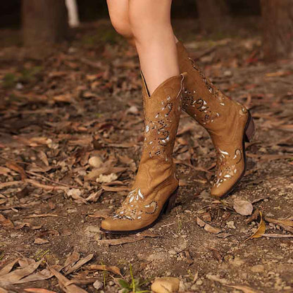 Women Embroidered Cowgirl Fashion Boots Chunky Boots